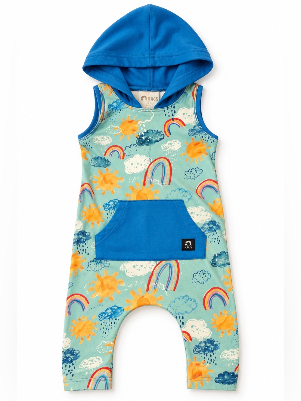 RAGS Kids Sun Rainbow Cloud Hooded Snapless Romper Aqua Blue 2T